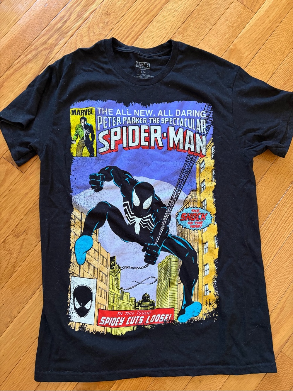 Marvel Black Spider-Man Comic Cover Graphic Tee - Black, Blue, Yellow, Red